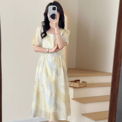 2026夏季法式渐变色方领连衣裙女