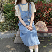 复古条纹T恤套装 糖安妮2025秋款 浅蓝牛仔直筒背带连衣裙 通勤百搭