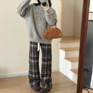 25冬季 松紧腰加绒格纹裤 新刺绣加绒圆领上衣 彩棉灰色系 糖安妮