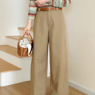 百搭通勤垂感配腰带 女春高腰直筒显瘦休闲裤 糖安妮 卡其色阔腿裤