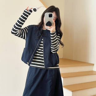 减龄显瘦百塔套装 T恤马甲半身裙三件套女春款 藏青条纹长袖 糖安妮