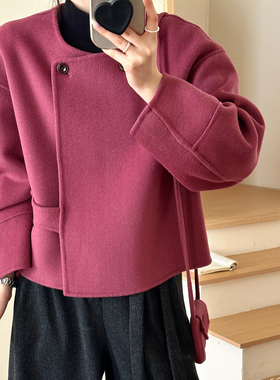 糖安妮【树莓粉／摩卡】韩系双面呢大衣女短款羊毛呢外套宽松气质
