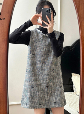 糖安妮 2026春季新款小香风无袖背心裙女冬亮片直筒显瘦气质短裙