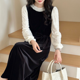 糖安妮 2025秋冬黑色拼接磨毛丝绒连衣裙女宽松显瘦 精致丝绒裙