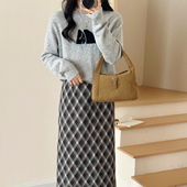 灰色系 2026春季 新款 糖安妮 黑格子半身裙女全羊毛毛衣两件套装