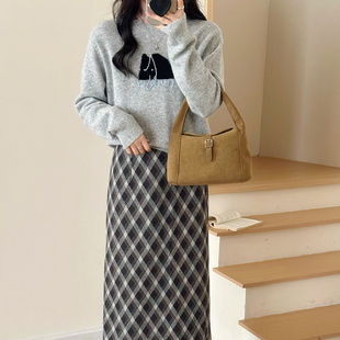 黑格子半身裙女全羊毛毛衣两件套装 糖安妮 新款 2025冬季 灰色系