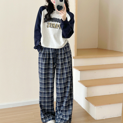 T恤插肩袖女格子休闲裤女春季