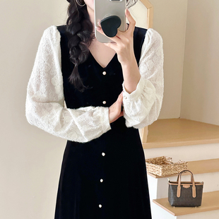 2025秋冬黑色丝绒连衣裙显瘦赫本风长袖 千金 鱼尾裙 法式 糖安妮