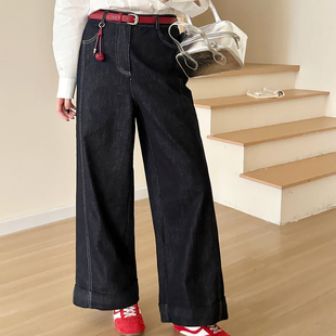 送红色皮带 女宽松阔腿裤 糖安妮2026年春夏新款 高腰显瘦直筒牛仔裤