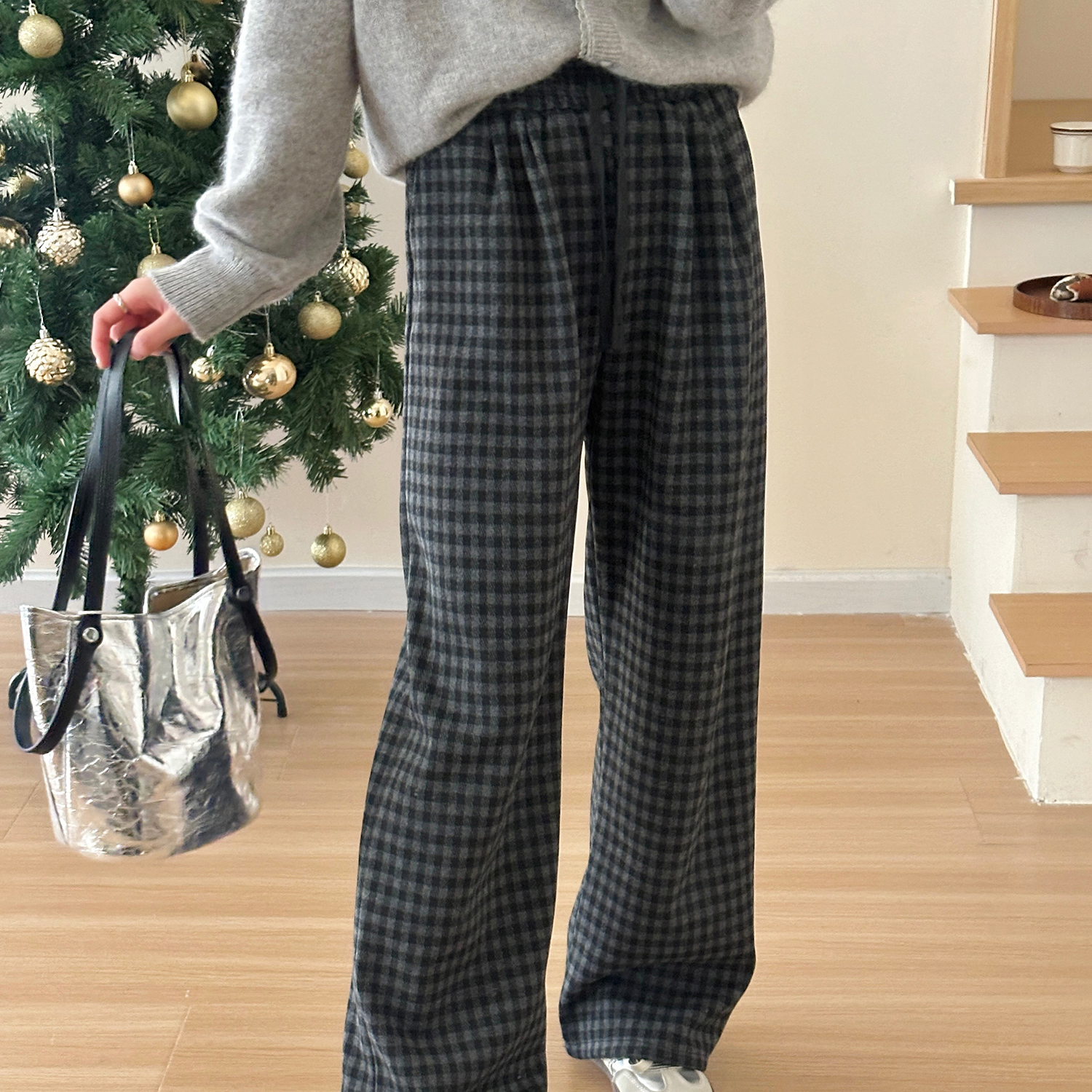 糖安妮 2025冬季新品慵懒风格子毛呢休闲裤女洋气宽松百搭阔腿裤