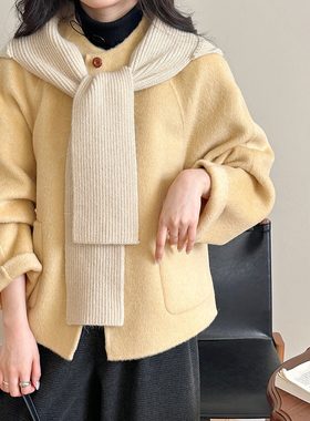 糖安妮【鹅黄色】2025冬季新款可拆卸针织围巾双面羊毛外套大衣女