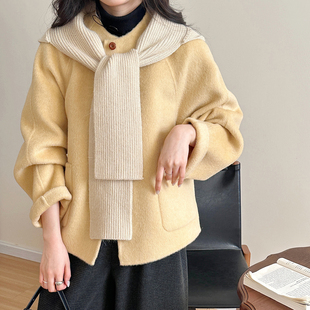 新款 2025冬季 可拆卸针织围巾双面羊毛外套大衣女 鹅黄色 糖安妮