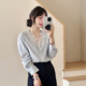 浪漫巴黎 蕾丝拼接V领竖条长袖 衬衫 糖安妮 女26春季 单排扣衬衣