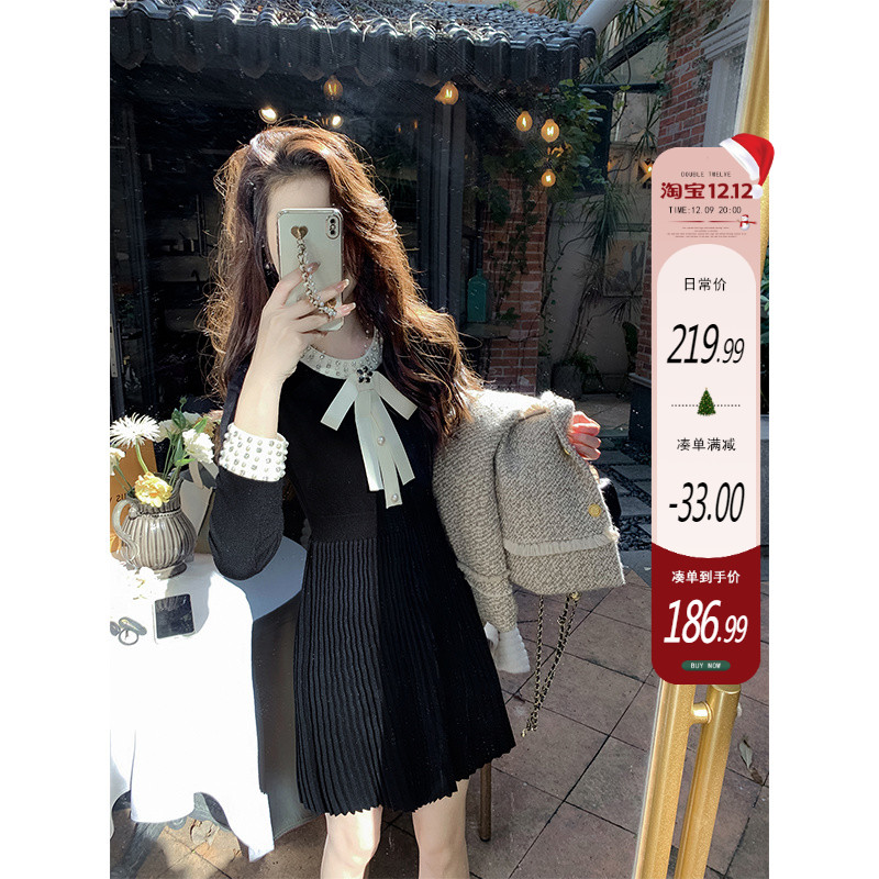 鱼兔子的兔子针织连衣裙女秋冬2023新款小香风内搭打底裙百褶短裙