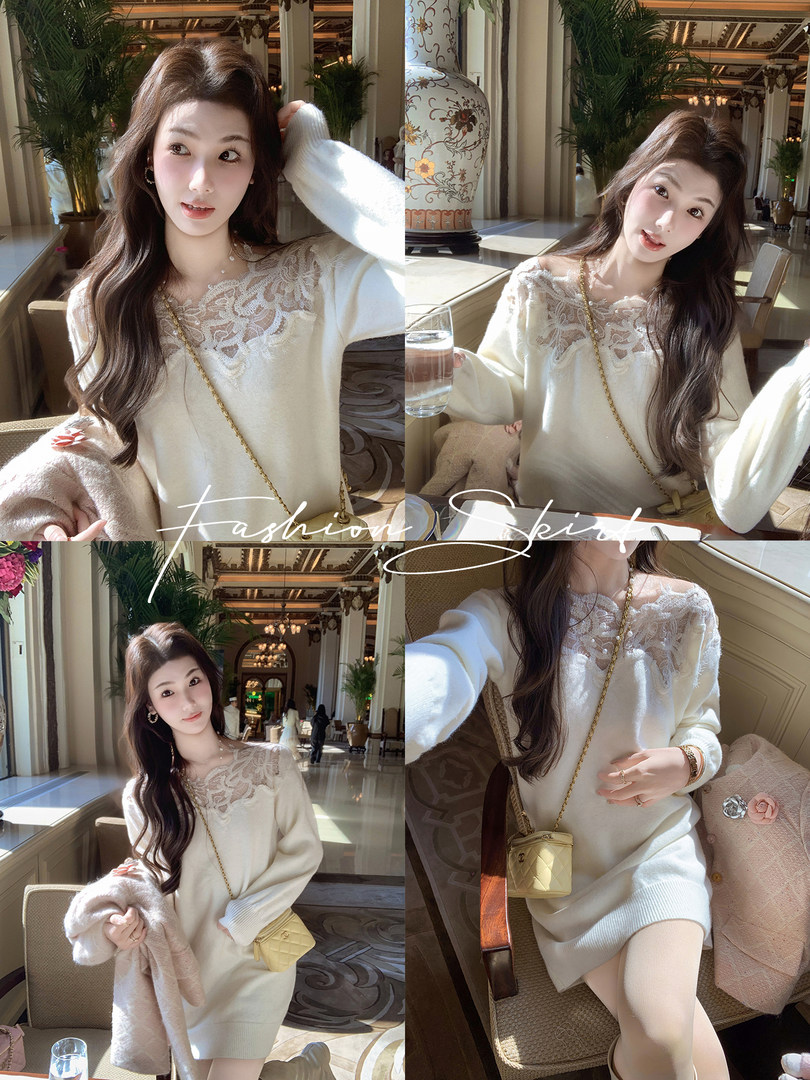 Woman wearing an ivory lace-trim knit sweater dress