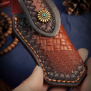 新款印花复古头层牛皮刀套高档套雕刻花纹户外折叠刀皮套便携刀鞘