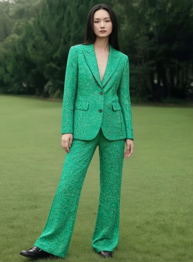 2026绿色立体西装演出服上班西服套装舞台表演外套经典提花纹图案