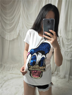 NN卡通唐老鸭亮片钉珠上衣潮 t恤女夏宽松2020年新款 外单 棉T短袖