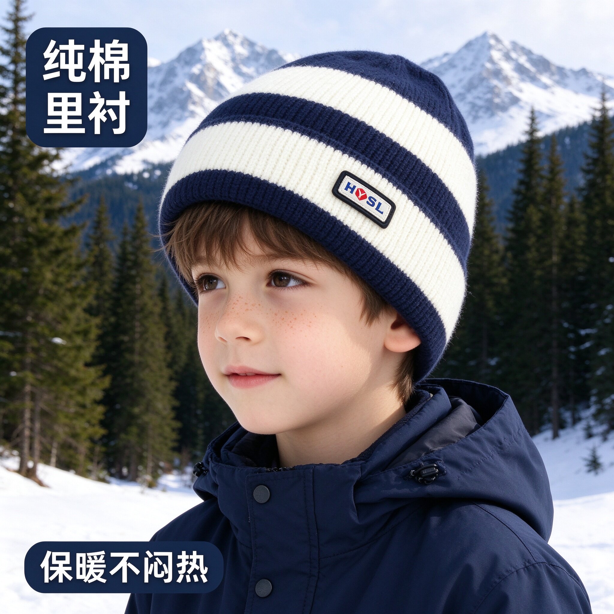 快乐校园儿童条纹针织帽纯棉保暖套头毛线帽男童护耳帽包头滑雪帽