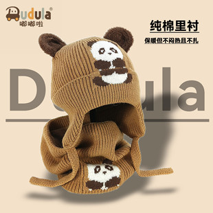 宝宝冬季保暖毛线帽子脖套二件套儿童卡通熊猫护耳帽围脖套装纯棉