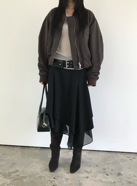 PADO韩国东大门2025秋季女装新纯色设计感不规则下摆半身中裙