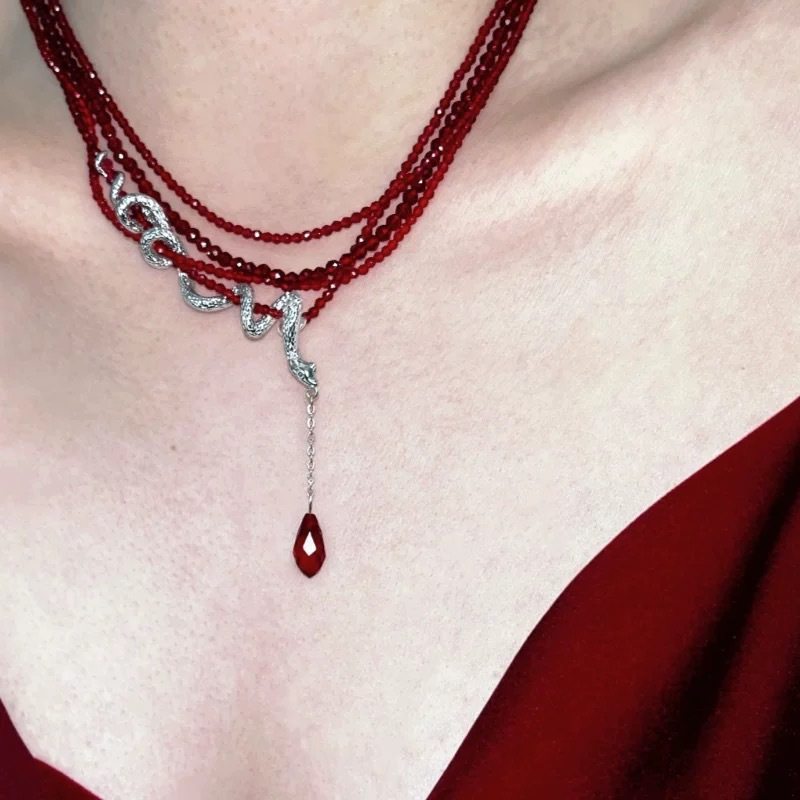 暗黑风多层红色串珠项链女蛇形缠绕水滴吊坠潮酷辣妹chocke锁骨链