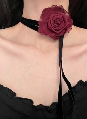 暗黑风手作干枯玫瑰灼烧花朵项链法式lolita系带长款choker手腕花