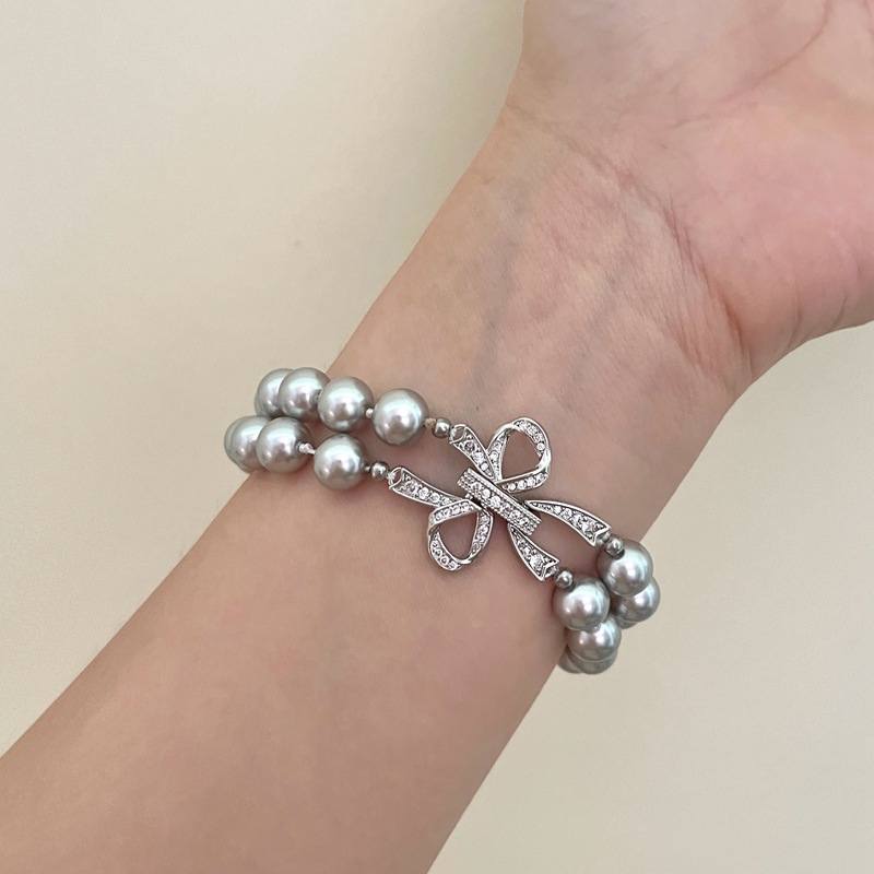 锆石蝴蝶结双层珍珠卡扣手链韩系高级感复古手环轻奢百搭手饰