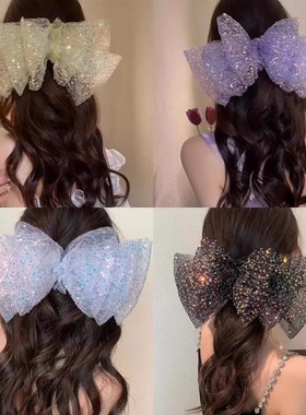 超仙网纱云朵亮片三层蝴蝶结发夹女后脑勺弹簧夹甜美少女发卡头饰