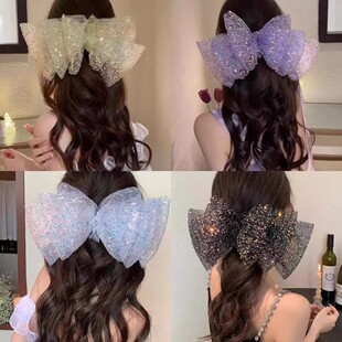 超仙网纱云朵亮片三层蝴蝶结发夹女后脑勺弹簧夹甜美少女发卡头饰