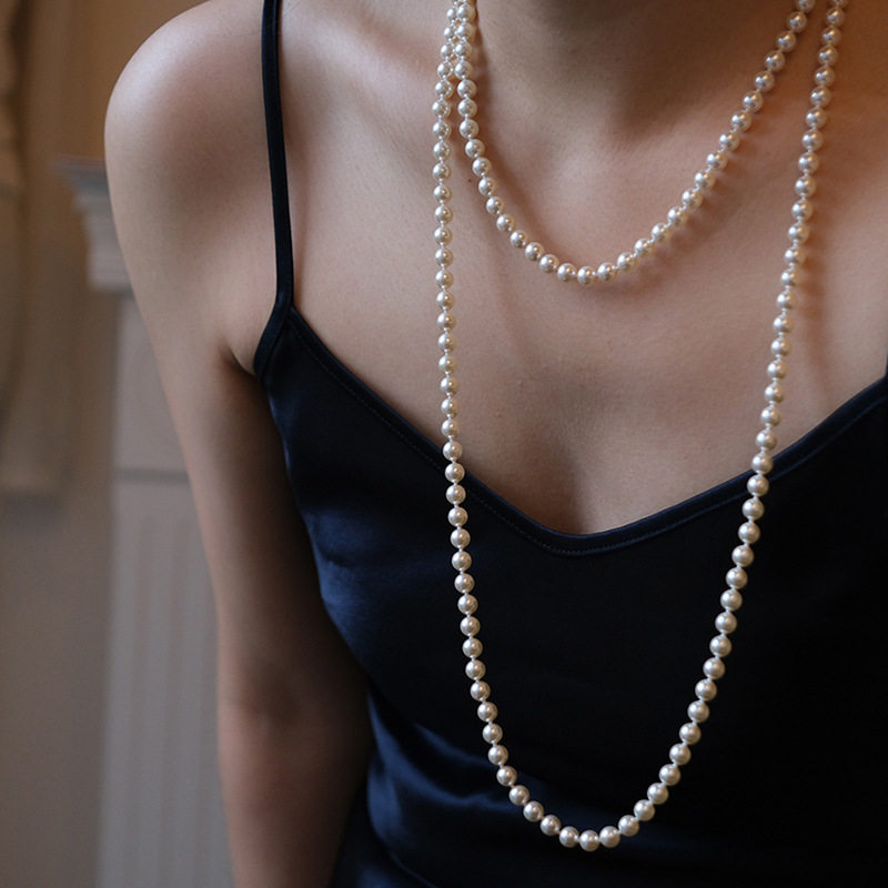复古名媛风正圆超长款珍珠项链女双层叠戴轻奢ins小众新中式颈链