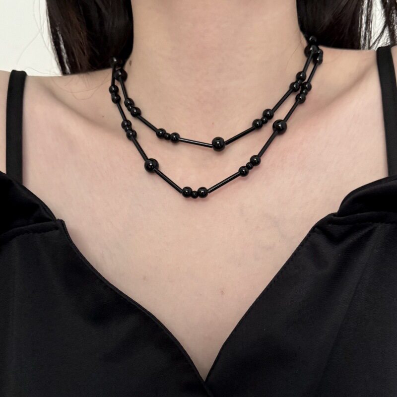 新中式超长款叠戴黑色项链多层小香风时髦颈链网红同款小众毛衣链