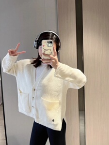 原厂RL拉夫小马刺绣羊毛开衫23秋冬女宽松V领长袖针织大口袋外套