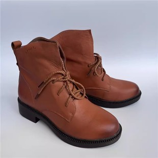 35.36码冬季公牛真皮女靴子头层牛皮中跟圆头妈妈鞋系带女马丁靴