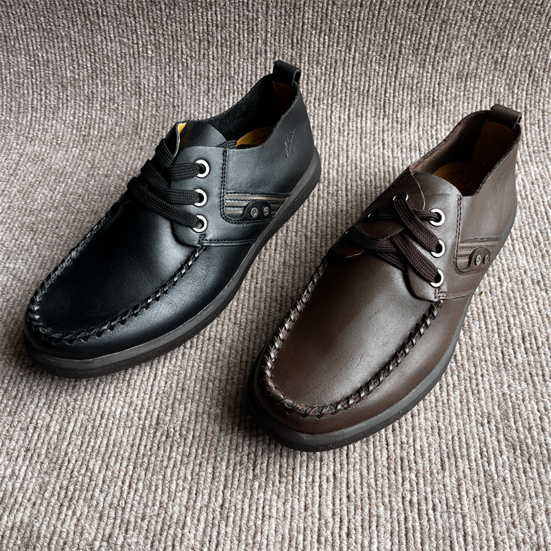 43 44码春夏薄款头层牛皮男鞋韩版日常休闲软面皮透气男士系带鞋
