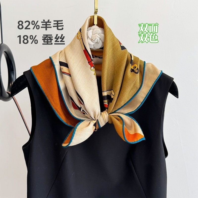 桑蚕丝真丝羊毛中方巾双面双色韩版拼接撞色皮带多功能护颈丝巾女