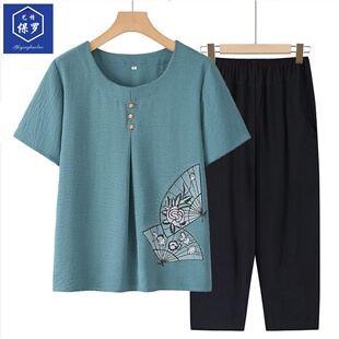 中老年女装夏装2025新款套装妈妈上衣服奶奶装秋夏季薄款假两件恤
