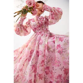 美妃法式粉色印花洋气减龄长袖独特气质茶歇连衣裙女2023秋新款