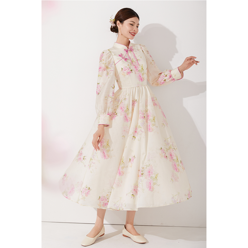 美妃新中式串珠盘扣印花连衣裙