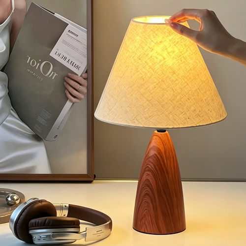 语音声控床头灯胡桃木色中古风触摸智能插电卧室复古怀旧充电台灯