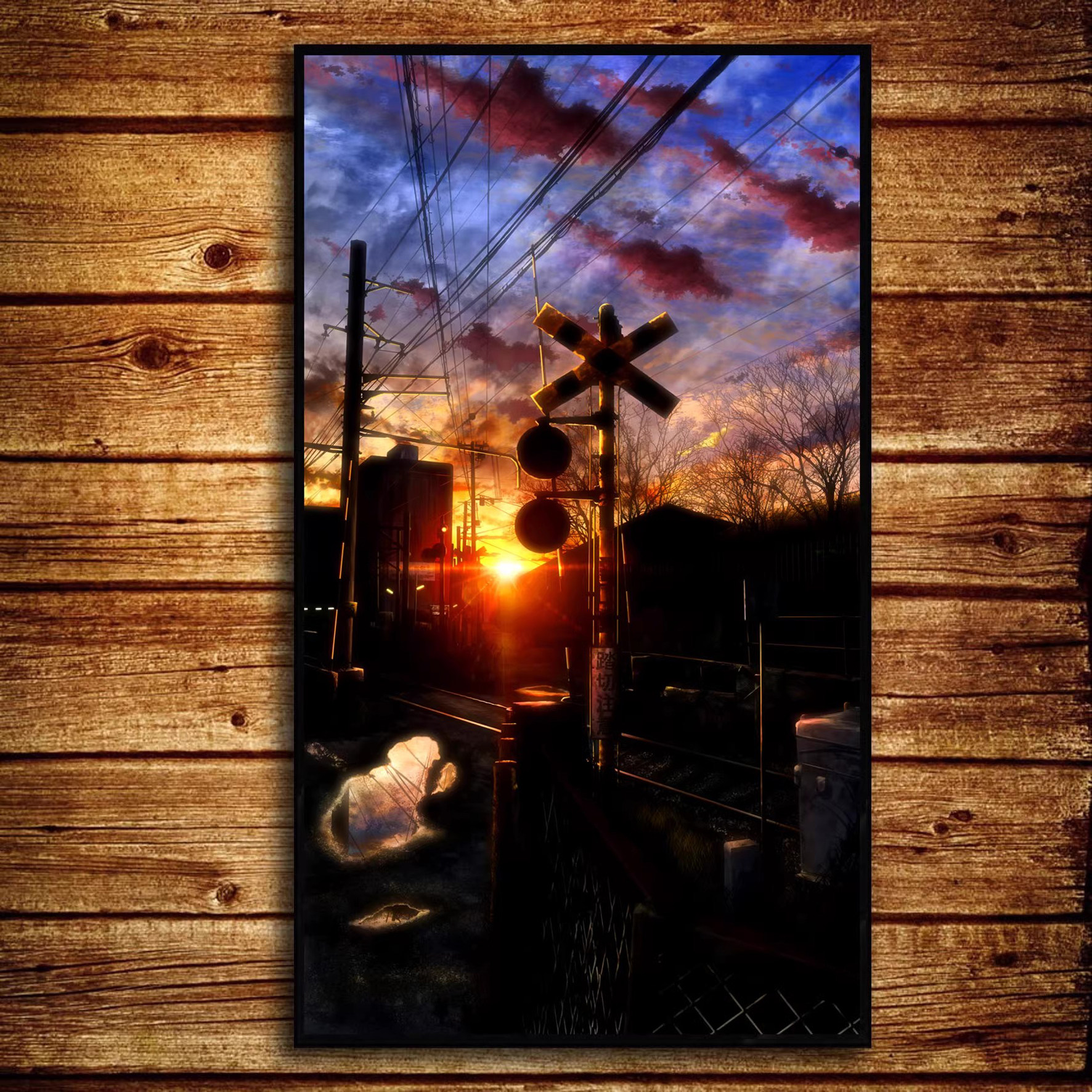 日本卡通动漫二次元装饰画唯美夕阳铁路口卧室书房带相框创意礼物