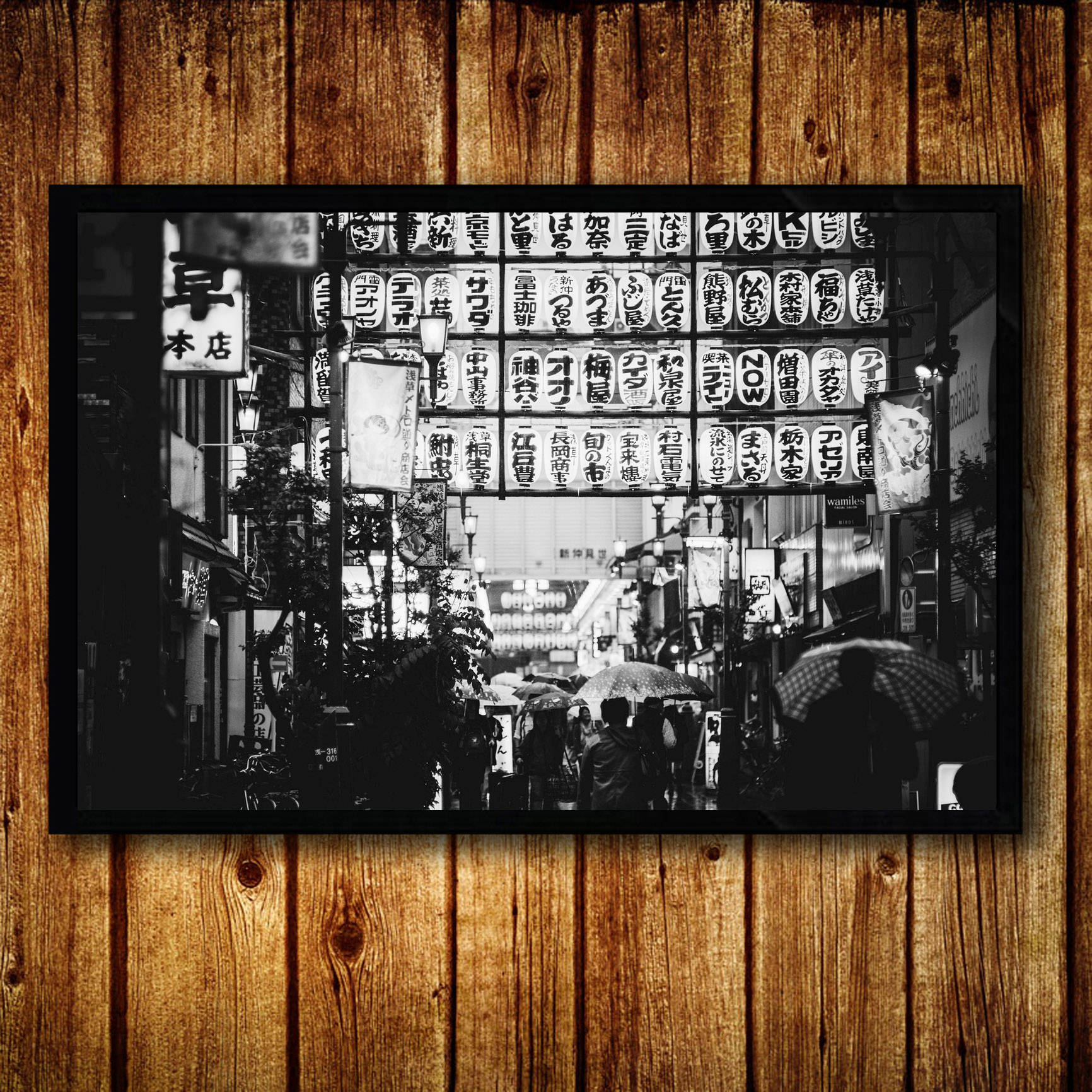日式复古黑白风景街景装饰画有框画日本餐厅料理店寿司店壁挂墙画