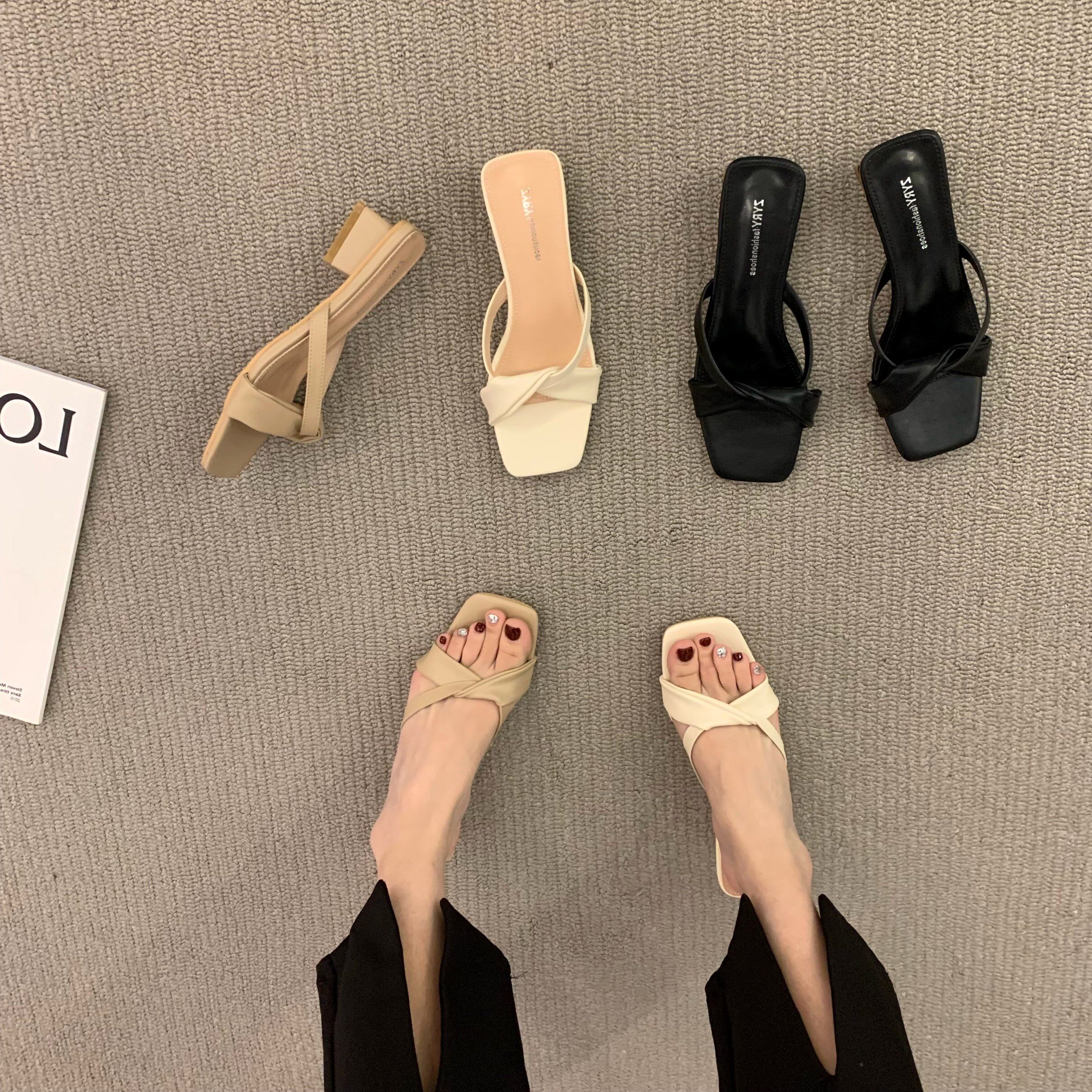 WEN MENG ONE NIGHT ITSK SANDALS SLIPPERS WOMEN WEAR OPEN-TOED FASHION BLOCK HEEL SIMPLE FAIRY STYLE MID-HEEL SANDALS OUTSIDE THE SUMMER