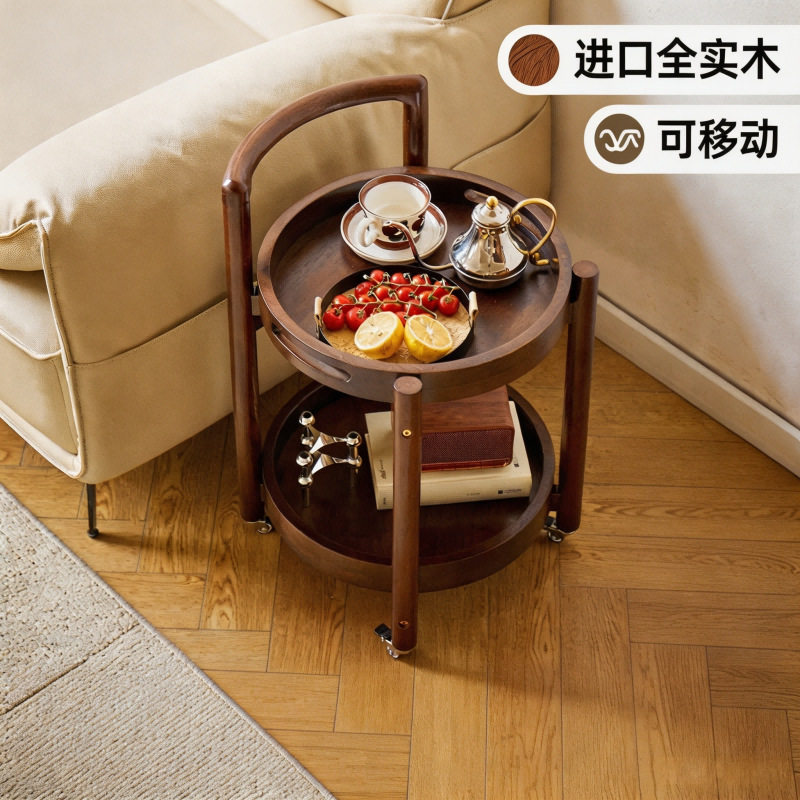 进口实木可移动小推车茶几客厅沙发边几圆形带轮多功能床头小桌子