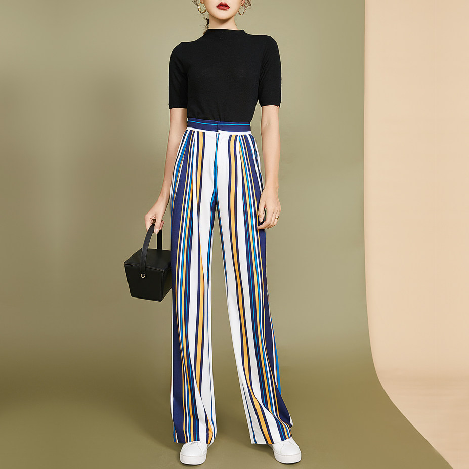 薄款彩色竖条纹拖地款阔腿裤高挑显瘦洋气  春夏季垂顺直筒女长裤