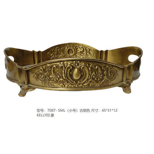 印度进口法式美式复古手工雕花黄铜托盘果盘装饰品样板房客厅摆件