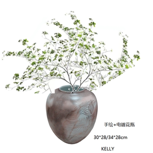 酒店大堂圆形大肚子花器新中式 玄关别墅卧室餐桌边几电视柜手绘