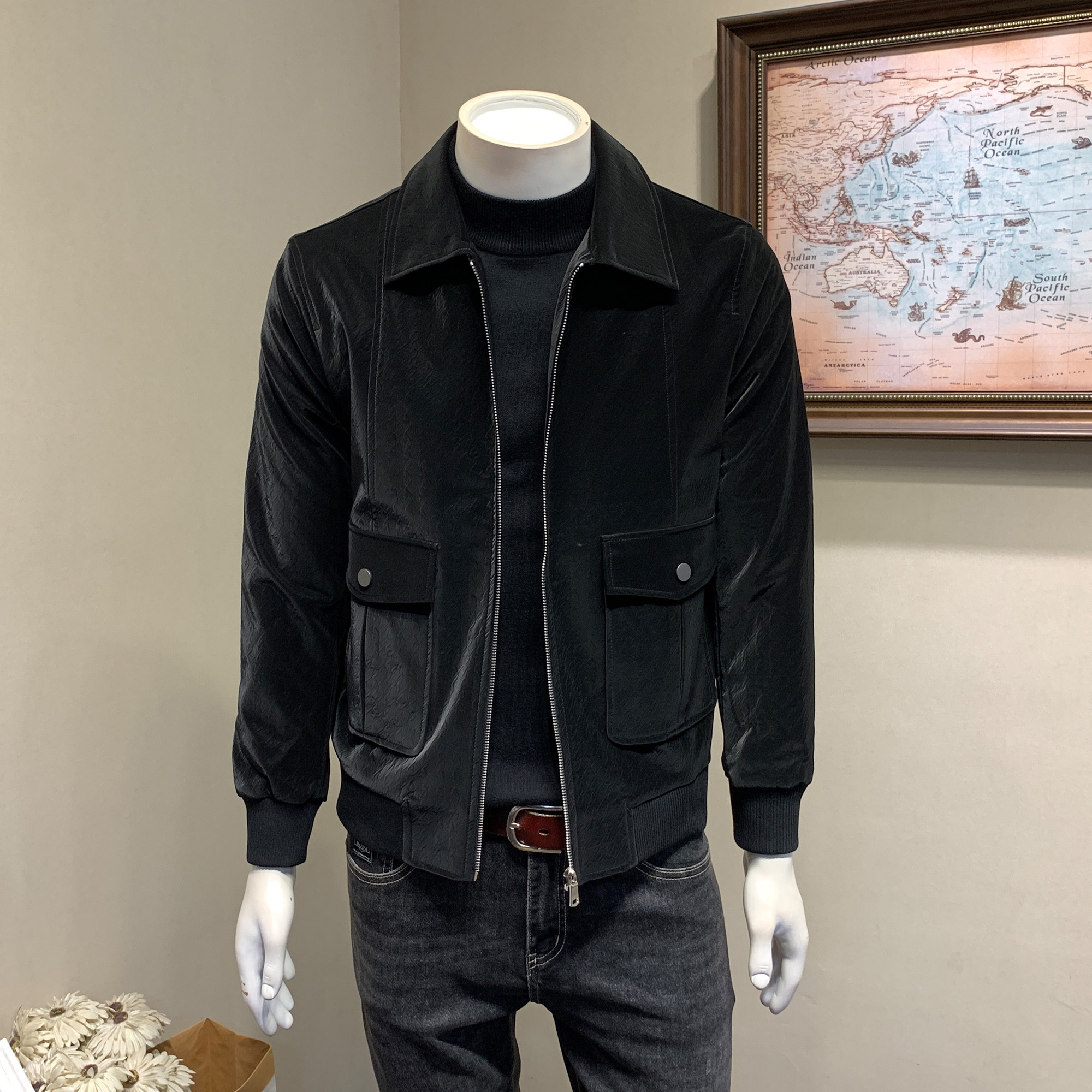 皮衣男春秋冬季翻领韩版修身PU皮夹克潮男帅气通勤皮外套品质男装