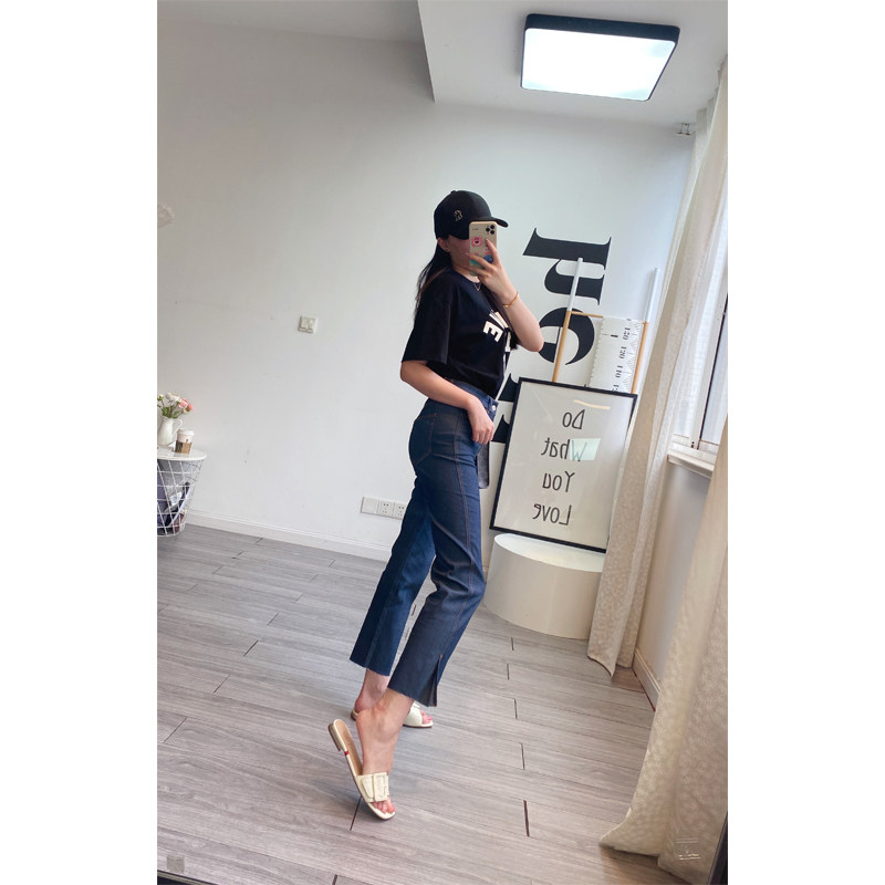 冰丝牛仔裤薄款女夏凉丝软小个子显瘦高腰蓝色九分开叉休闲神裤