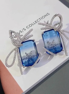 蓝色初雪法式轻奢海洋蓝色气质优雅款锆石蝴蝶结耳钉小众晚宴耳饰